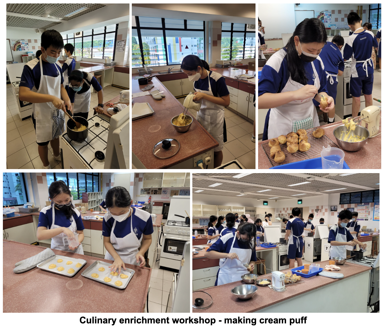 Students in blue uniforms and white aprons make cream puffs in a school kitchen during a culinary workshop.